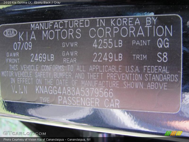 Ebony Black / Gray 2010 Kia Optima LX