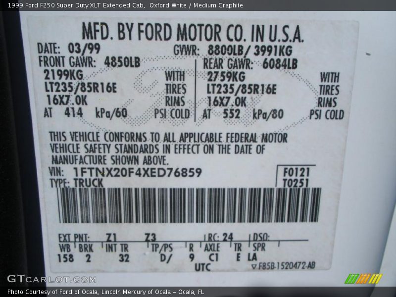 Oxford White / Medium Graphite 1999 Ford F250 Super Duty XLT Extended Cab