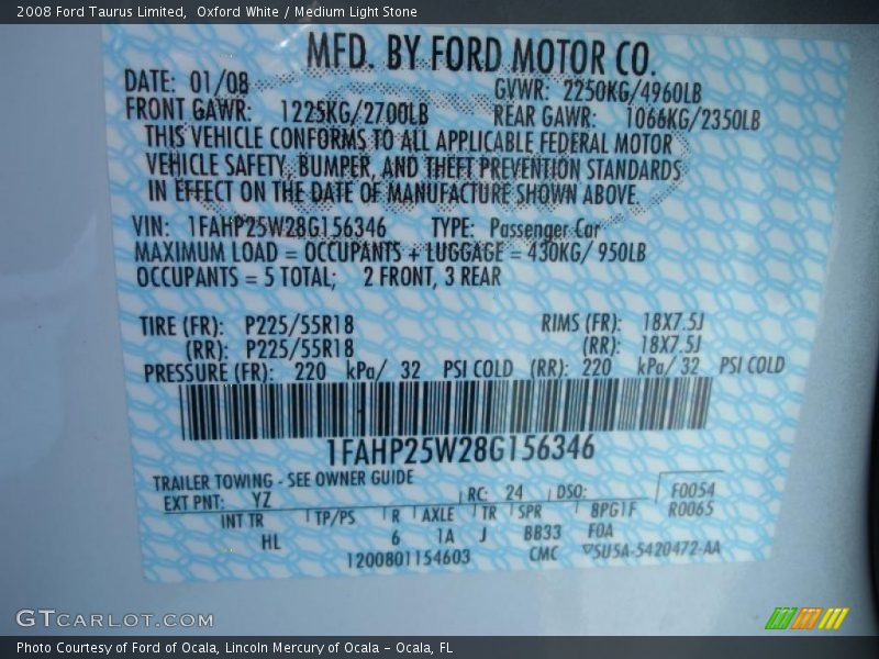 Oxford White / Medium Light Stone 2008 Ford Taurus Limited