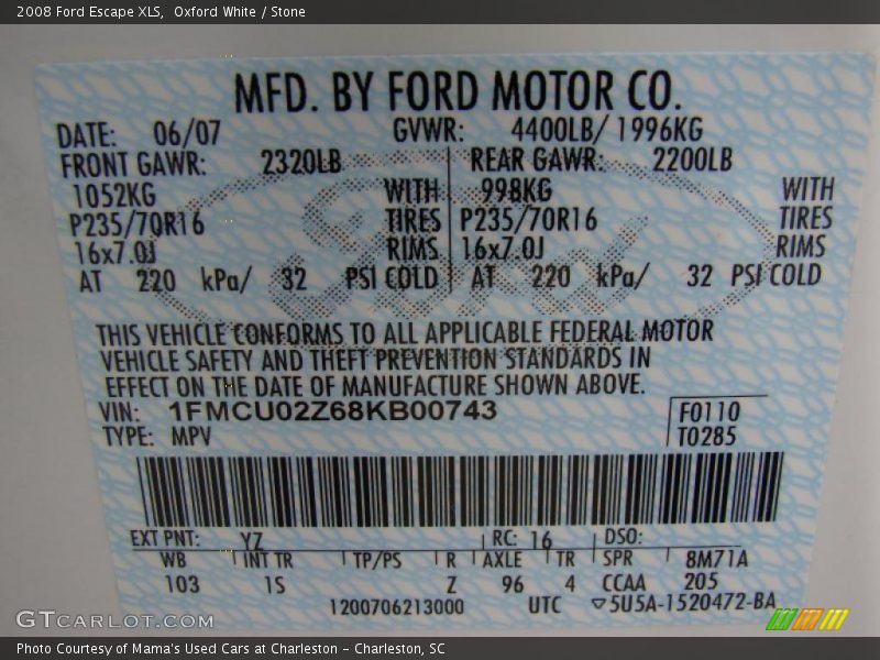 Oxford White / Stone 2008 Ford Escape XLS