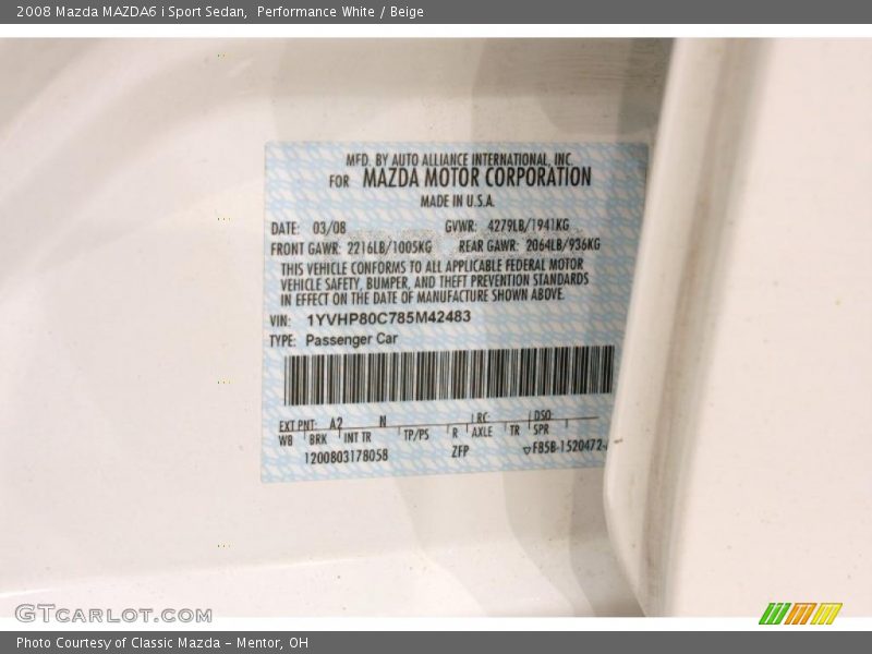 Performance White / Beige 2008 Mazda MAZDA6 i Sport Sedan
