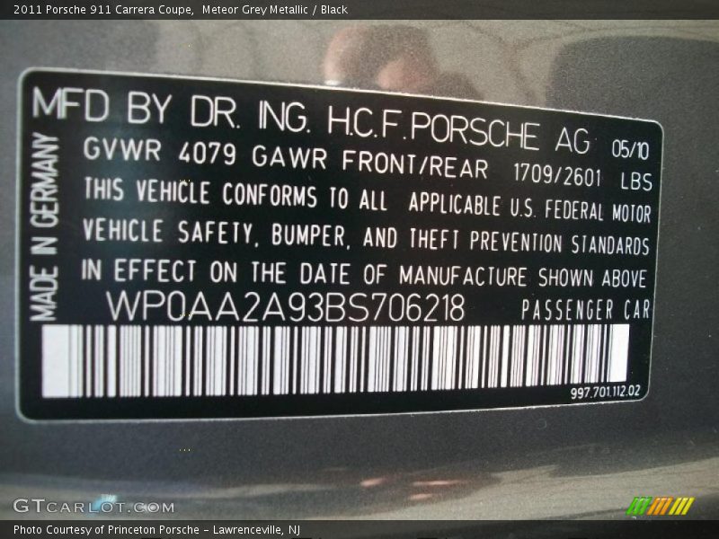 Meteor Grey Metallic / Black 2011 Porsche 911 Carrera Coupe