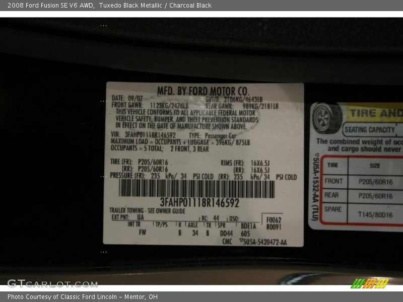 Tuxedo Black Metallic / Charcoal Black 2008 Ford Fusion SE V6 AWD
