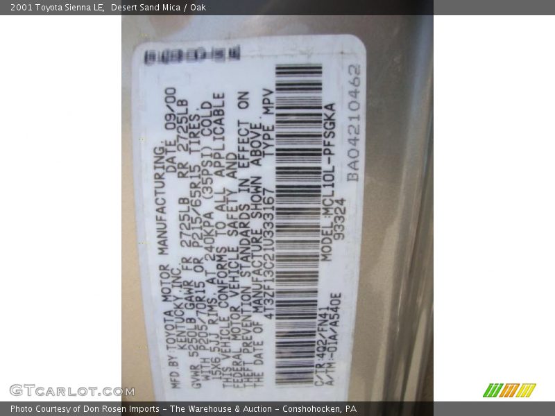 Desert Sand Mica / Oak 2001 Toyota Sienna LE