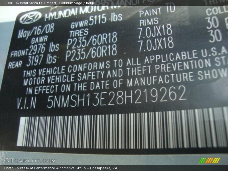 Platinum Sage / Beige 2008 Hyundai Santa Fe Limited