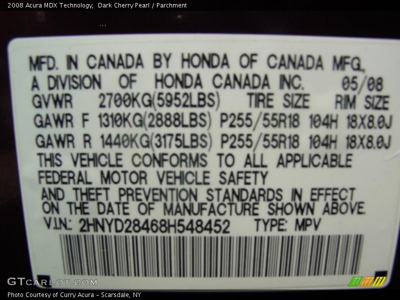Dark Cherry Pearl / Parchment 2008 Acura MDX Technology