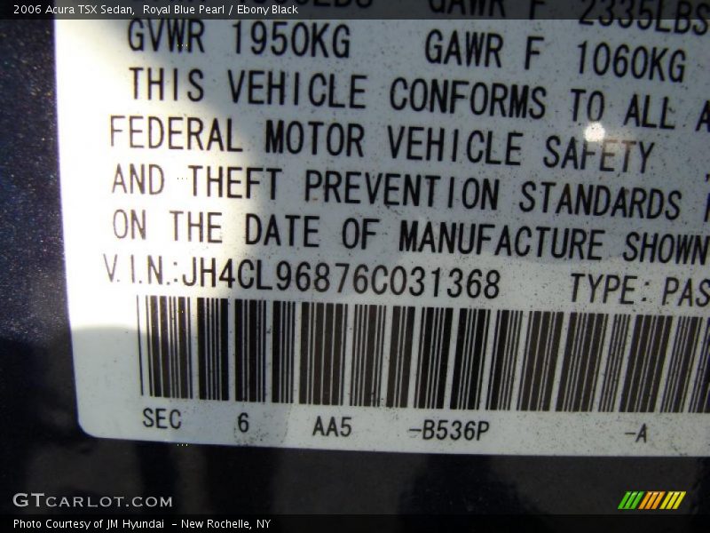 2006 TSX Sedan Royal Blue Pearl Color Code B536P