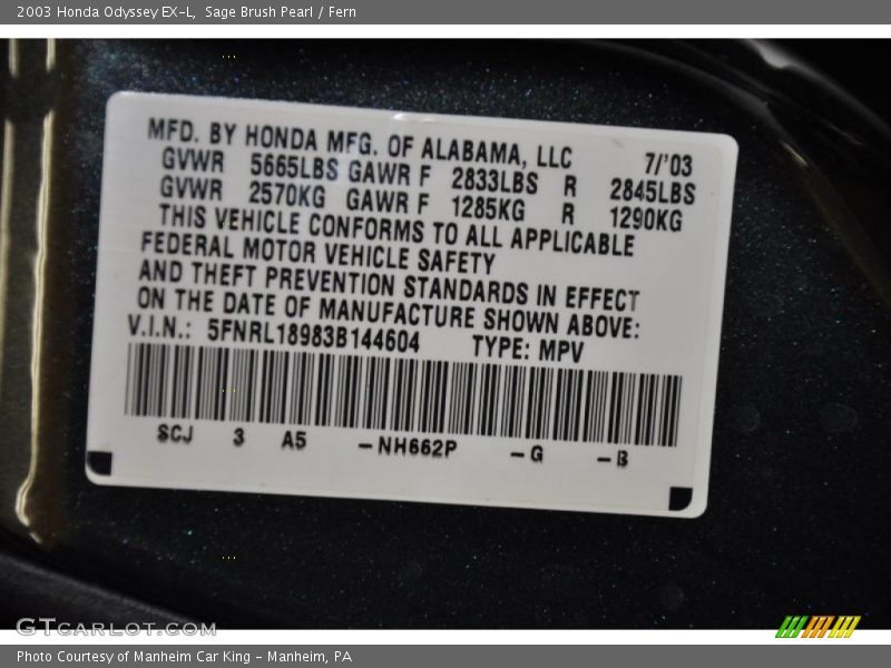 Sage Brush Pearl / Fern 2003 Honda Odyssey EX-L