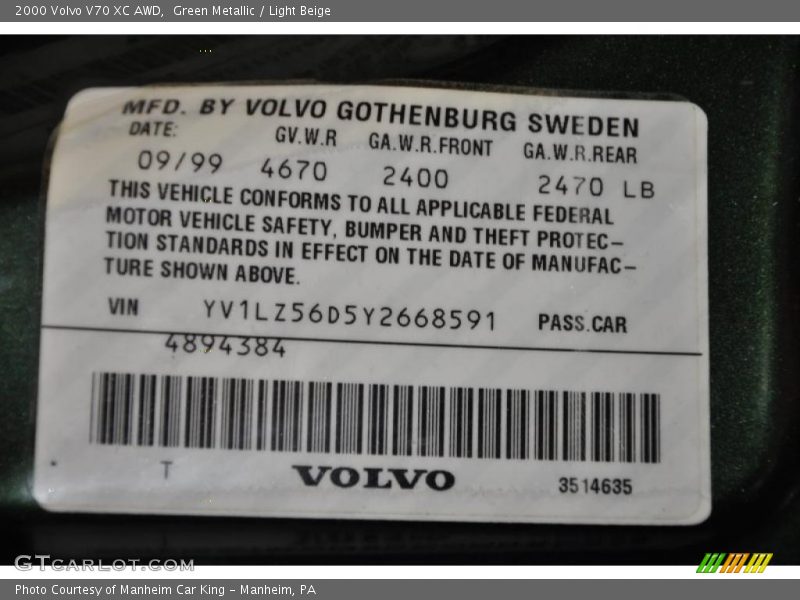 Green Metallic / Light Beige 2000 Volvo V70 XC AWD