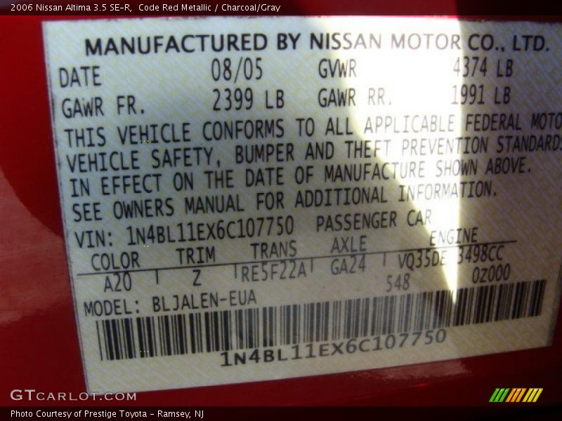 Code Red Metallic / Charcoal/Gray 2006 Nissan Altima 3.5 SE-R