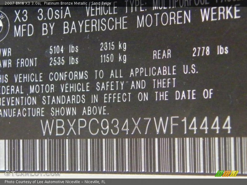 Platinum Bronze Metallic / Sand Beige 2007 BMW X3 3.0si