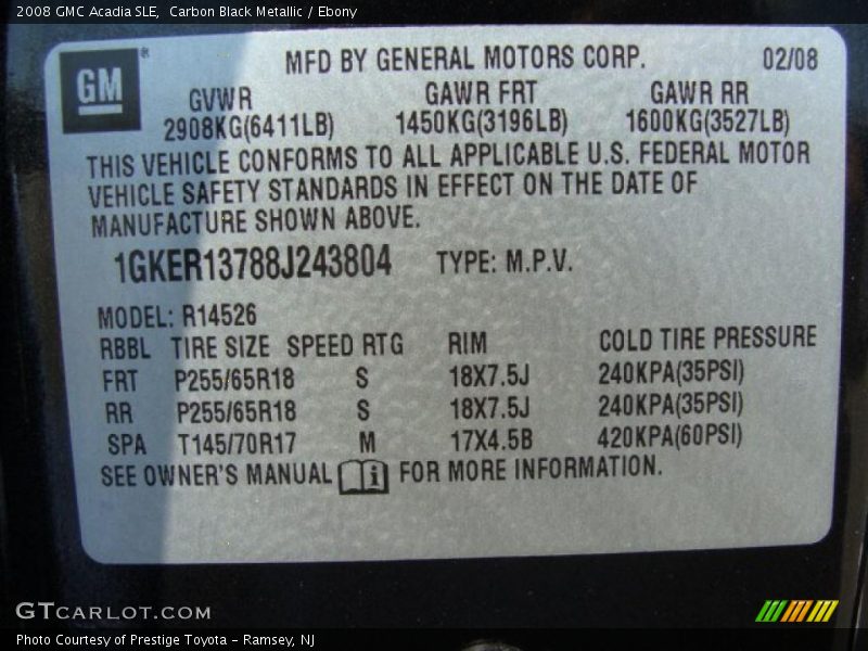 Carbon Black Metallic / Ebony 2008 GMC Acadia SLE