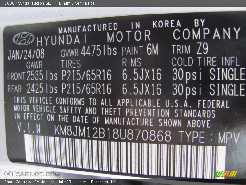 Platinum Silver / Beige 2008 Hyundai Tucson GLS