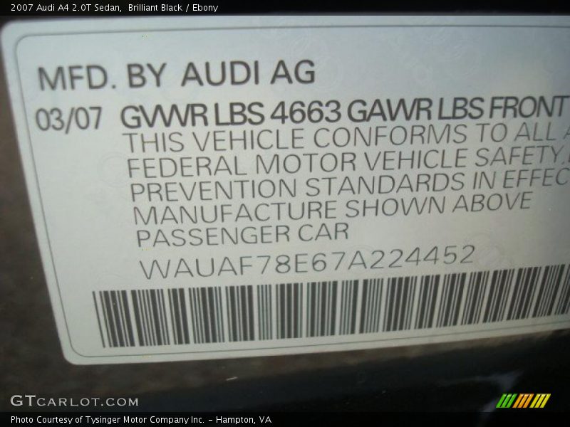Brilliant Black / Ebony 2007 Audi A4 2.0T Sedan