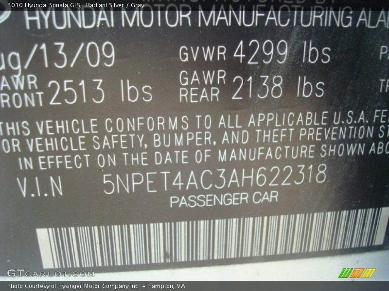 Radiant Silver / Gray 2010 Hyundai Sonata GLS