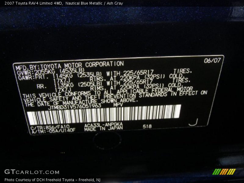 Nautical Blue Metallic / Ash Gray 2007 Toyota RAV4 Limited 4WD