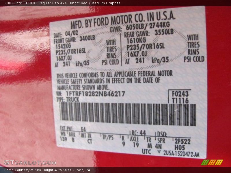 Bright Red / Medium Graphite 2002 Ford F150 XL Regular Cab 4x4
