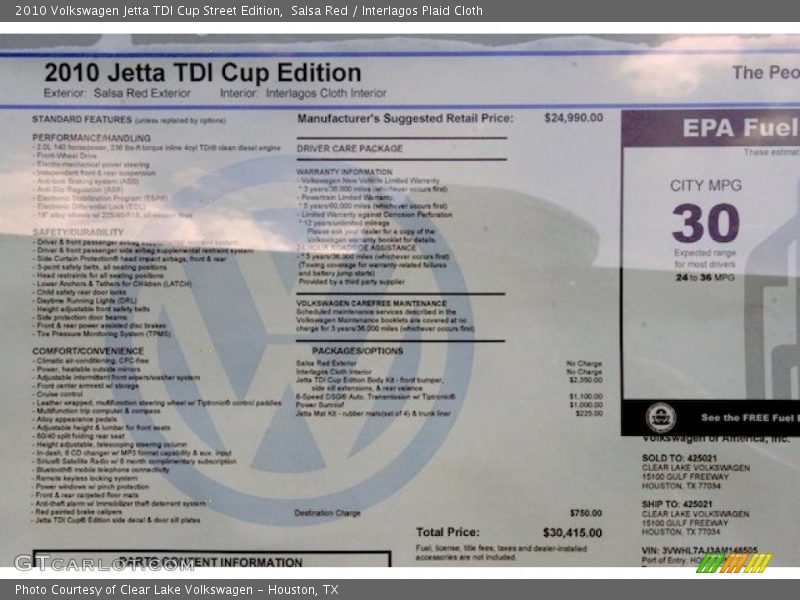 Salsa Red / Interlagos Plaid Cloth 2010 Volkswagen Jetta TDI Cup Street Edition