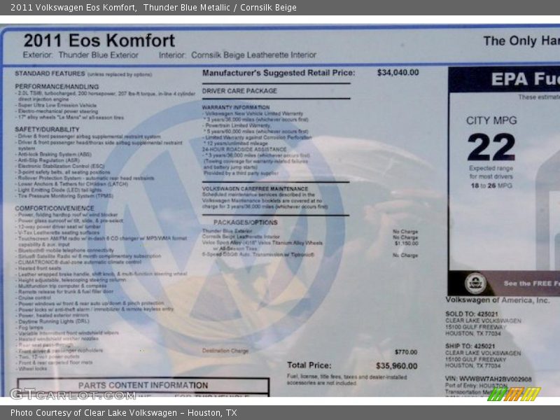 Thunder Blue Metallic / Cornsilk Beige 2011 Volkswagen Eos Komfort