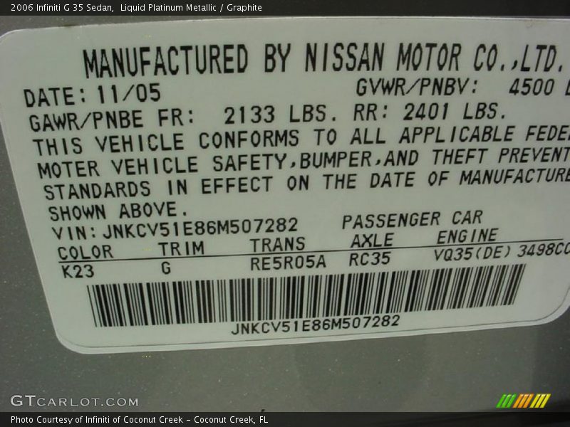 Liquid Platinum Metallic / Graphite 2006 Infiniti G 35 Sedan