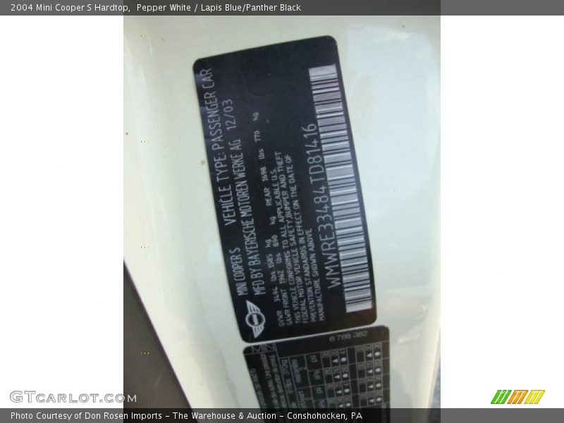 Pepper White / Lapis Blue/Panther Black 2004 Mini Cooper S Hardtop