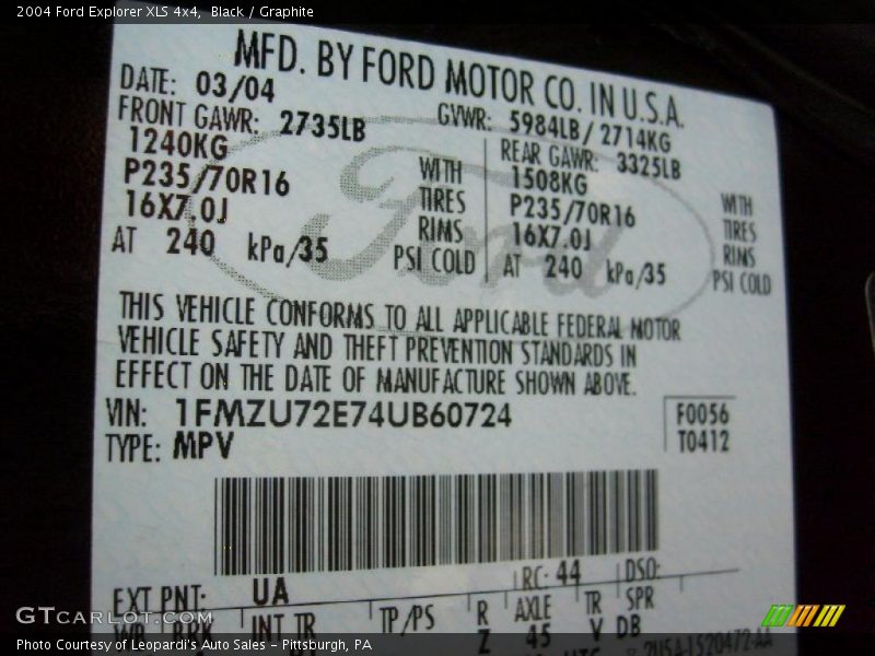 Black / Graphite 2004 Ford Explorer XLS 4x4