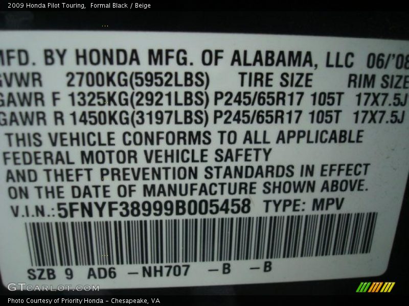 Formal Black / Beige 2009 Honda Pilot Touring
