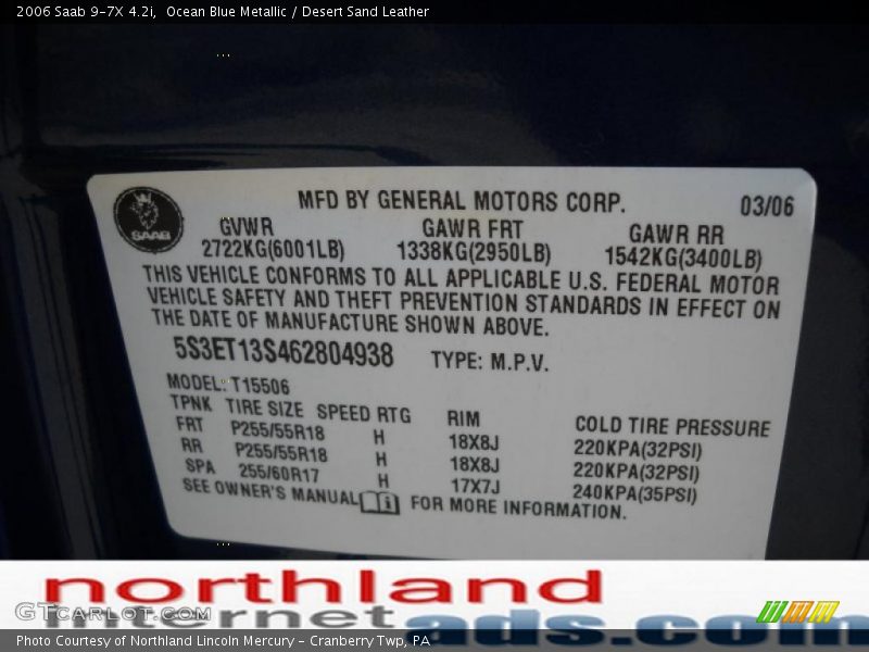 Ocean Blue Metallic / Desert Sand Leather 2006 Saab 9-7X 4.2i
