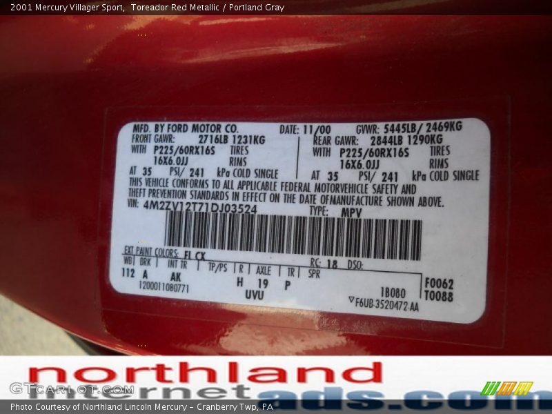 Toreador Red Metallic / Portland Gray 2001 Mercury Villager Sport