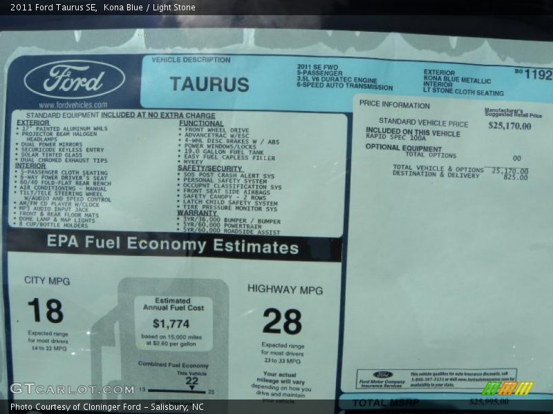 Kona Blue / Light Stone 2011 Ford Taurus SE