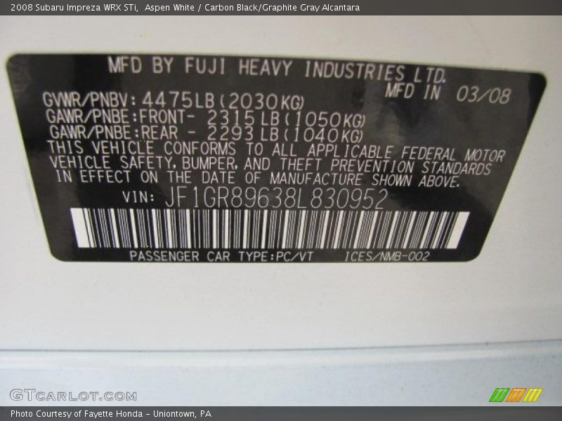 Aspen White / Carbon Black/Graphite Gray Alcantara 2008 Subaru Impreza WRX STi