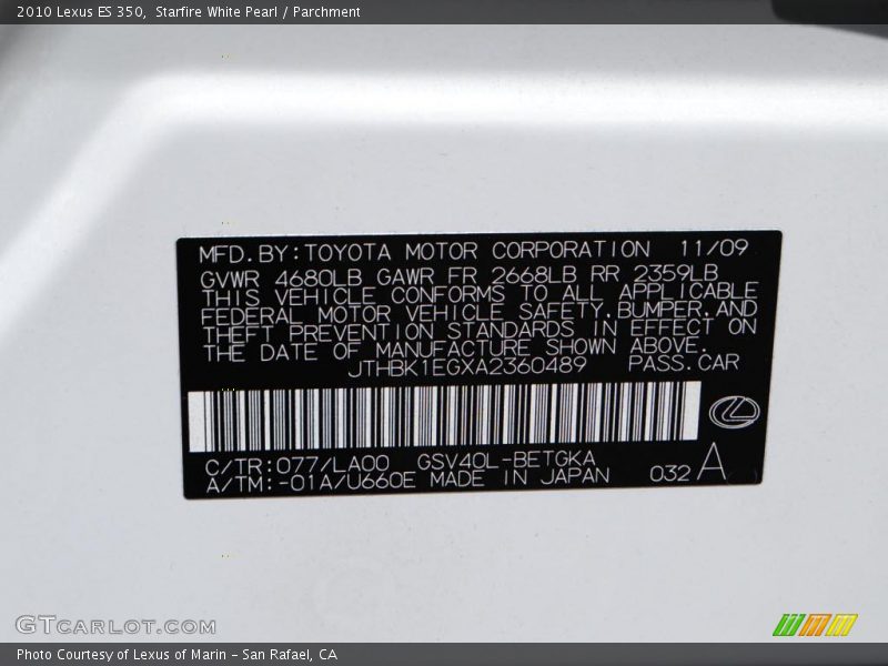 Starfire White Pearl / Parchment 2010 Lexus ES 350