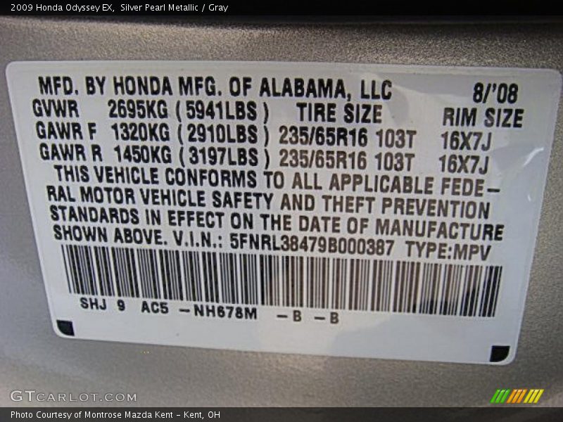 Silver Pearl Metallic / Gray 2009 Honda Odyssey EX