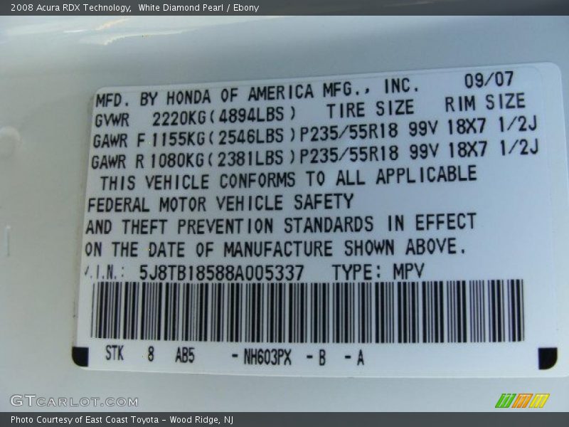 White Diamond Pearl / Ebony 2008 Acura RDX Technology