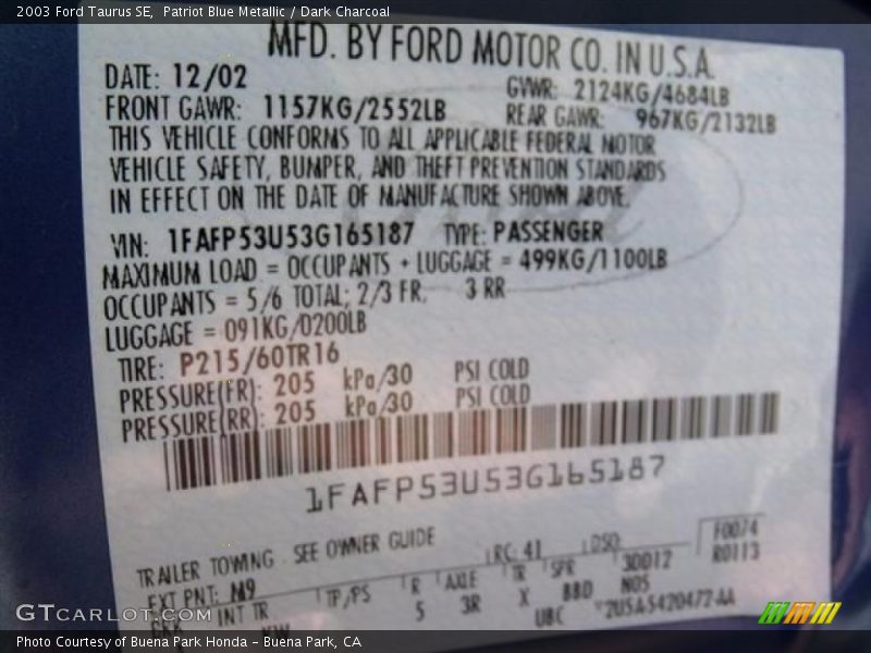 Patriot Blue Metallic / Dark Charcoal 2003 Ford Taurus SE