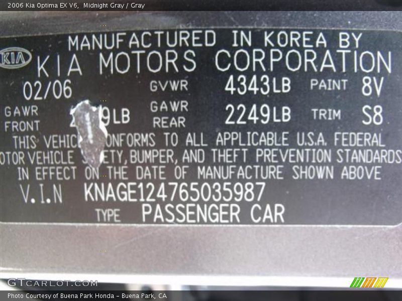 Midnight Gray / Gray 2006 Kia Optima EX V6