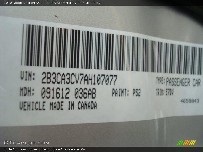 Bright Silver Metallic / Dark Slate Gray 2010 Dodge Charger SXT