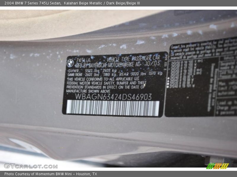 Kalahari Beige Metallic / Dark Beige/Beige III 2004 BMW 7 Series 745Li Sedan