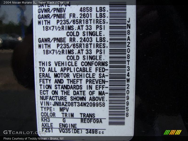 Super Black / Charcoal 2004 Nissan Murano SL