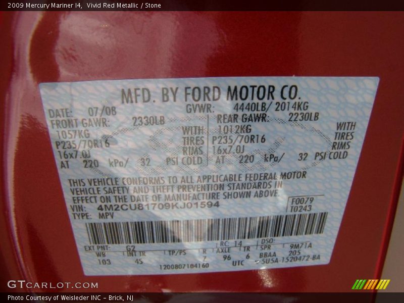 Vivid Red Metallic / Stone 2009 Mercury Mariner I4