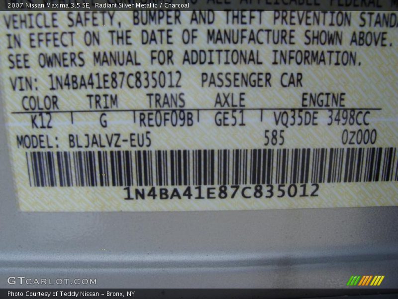 Radiant Silver Metallic / Charcoal 2007 Nissan Maxima 3.5 SE