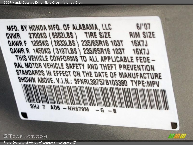 Slate Green Metallic / Gray 2007 Honda Odyssey EX-L