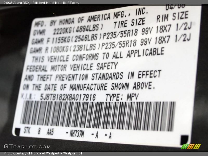 2008 RDX  Polished Metal Metallic Color Code NH737M