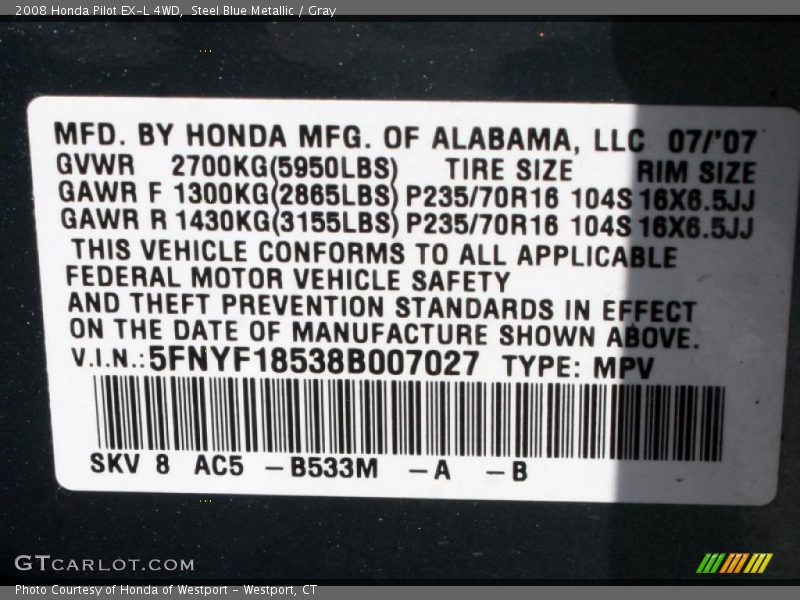 Steel Blue Metallic / Gray 2008 Honda Pilot EX-L 4WD