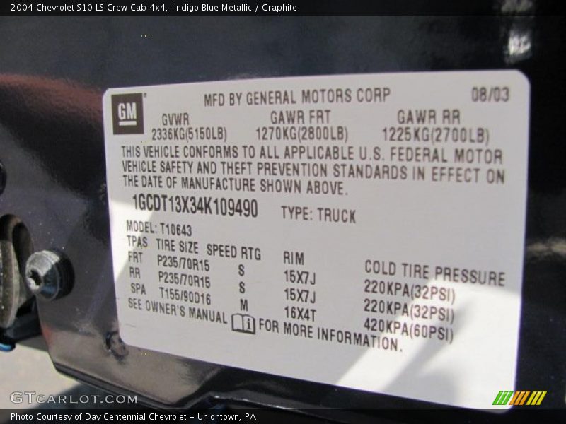 Indigo Blue Metallic / Graphite 2004 Chevrolet S10 LS Crew Cab 4x4