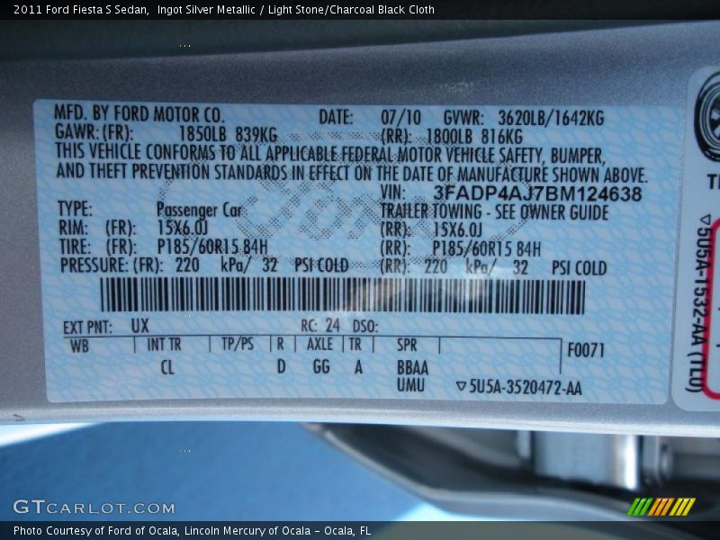Ingot Silver Metallic / Light Stone/Charcoal Black Cloth 2011 Ford Fiesta S Sedan