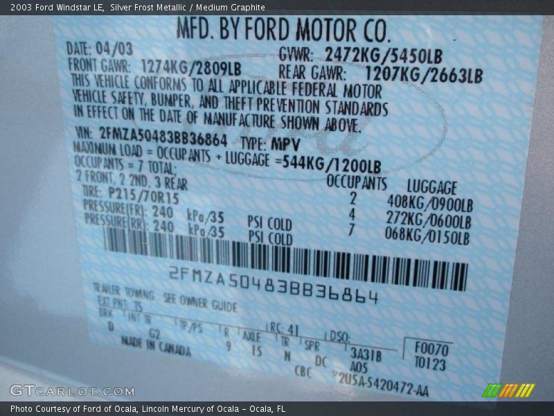 Silver Frost Metallic / Medium Graphite 2003 Ford Windstar LE