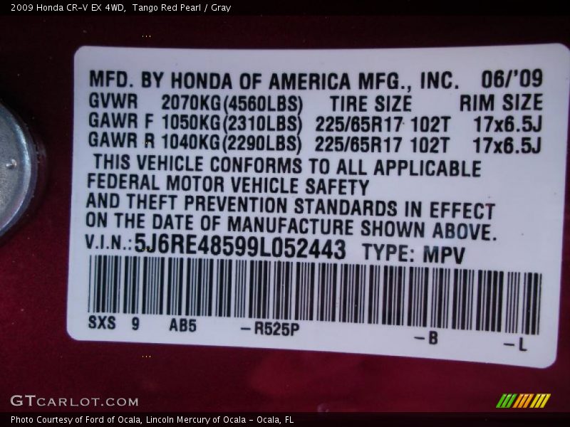 Tango Red Pearl / Gray 2009 Honda CR-V EX 4WD