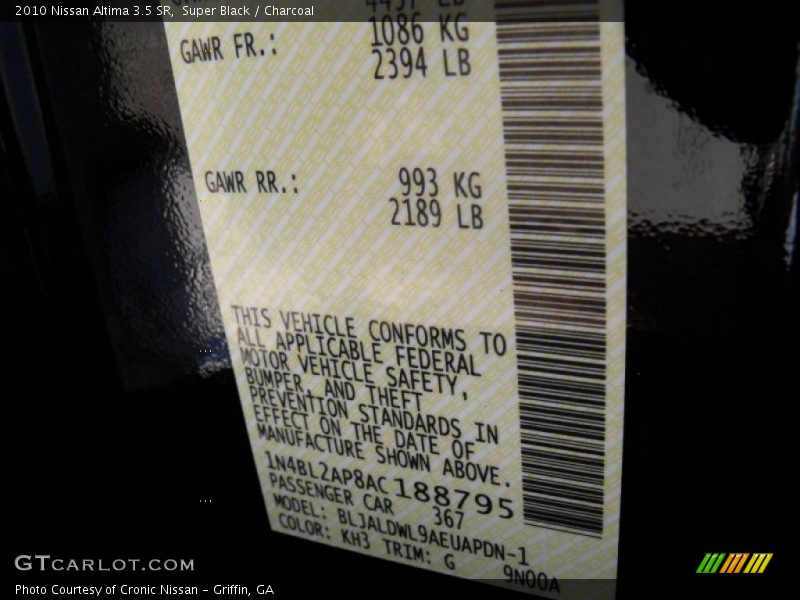 Super Black / Charcoal 2010 Nissan Altima 3.5 SR