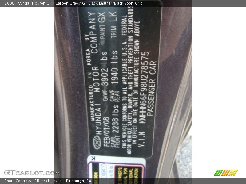 Carbon Gray / GT Black Leather/Black Sport Grip 2008 Hyundai Tiburon GT